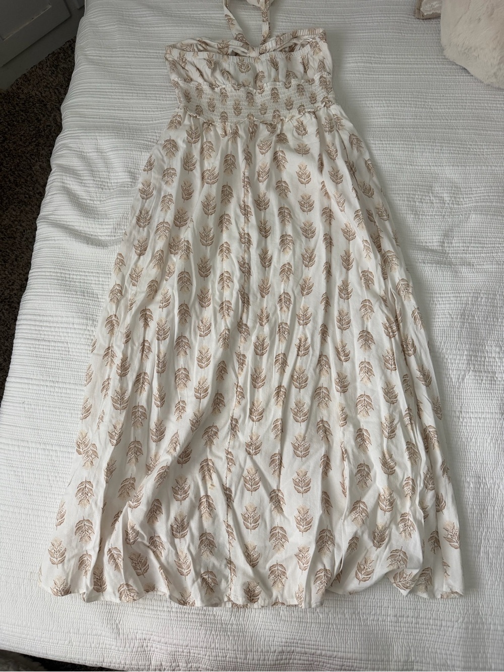 Old Navy White Halter Maxi Dress with Beige Leaf Print